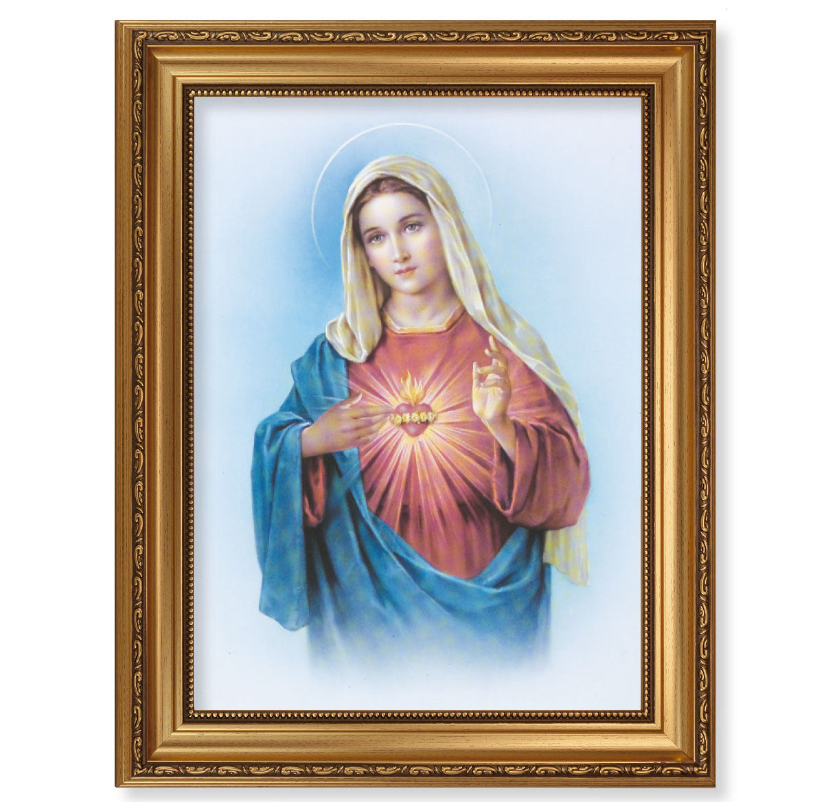 Immaculate Heart of Mary Antique Picture Framed Wall Art Decor, Extra Large, Antique Gold-Leaf Frame with Acanthus-Leaf Trim and Beaded Lip