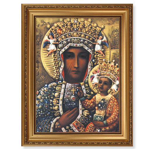 Our Lady of Czestochowa Antique Picture Framed Wall Art Decor, Extra Large, Antique Gold-Leaf Frame with Acanthus-Leaf Trim and Beaded Lip