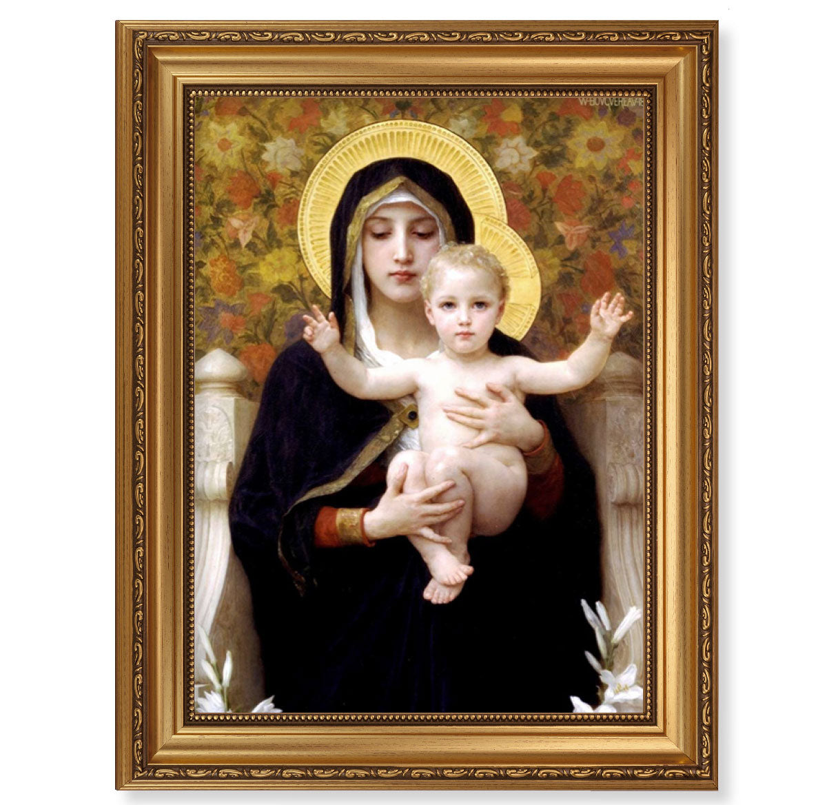 Madonna of the Lilies Antique Picture Framed Wall Art Decor Extra Large, Antique Gold-Leaf Frame with Acanthus-Leaf Trim and Beaded Lip