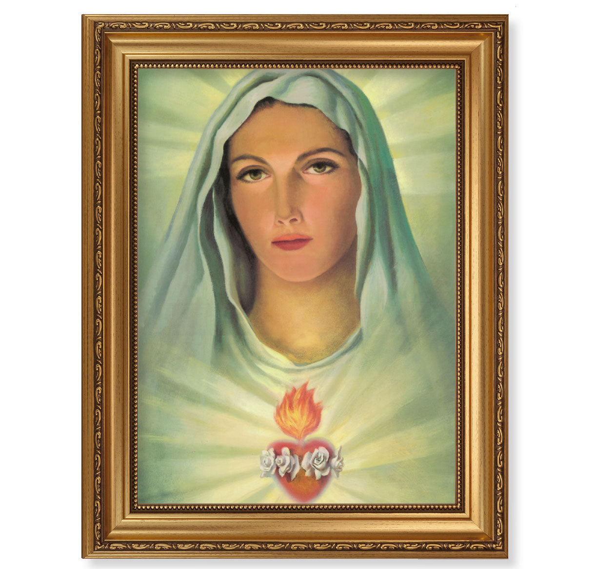 Immaculate Heart of Mary Antique Picture Framed Wall Art Decor, Extra Large, Antique Gold-Leaf Frame with Acanthus-Leaf Trim and Beaded Lip