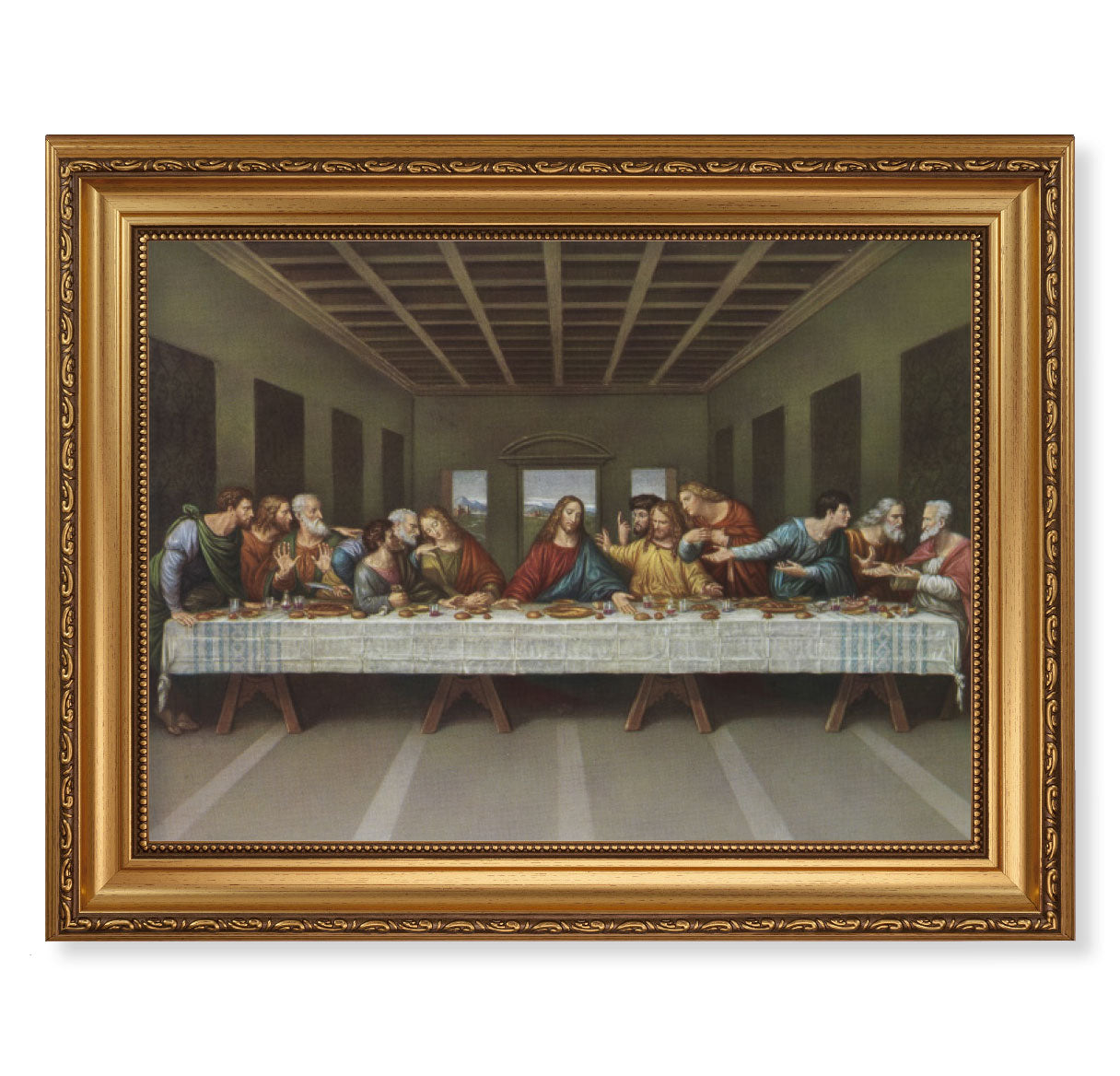 Last Supper Antique Picture Framed Wall Art Decor, Extra Large, Antique Gold-Leaf Frame with Acanthus-Leaf Trim and Beaded Lip