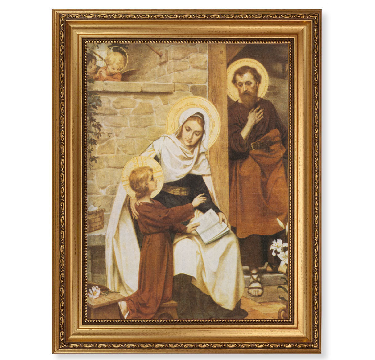Holy Family in Nazareth Antique Picture Framed Wall Art Decor Extra Large, Antique Gold-Leaf Frame with Acanthus-Leaf Trim and Beaded Lip