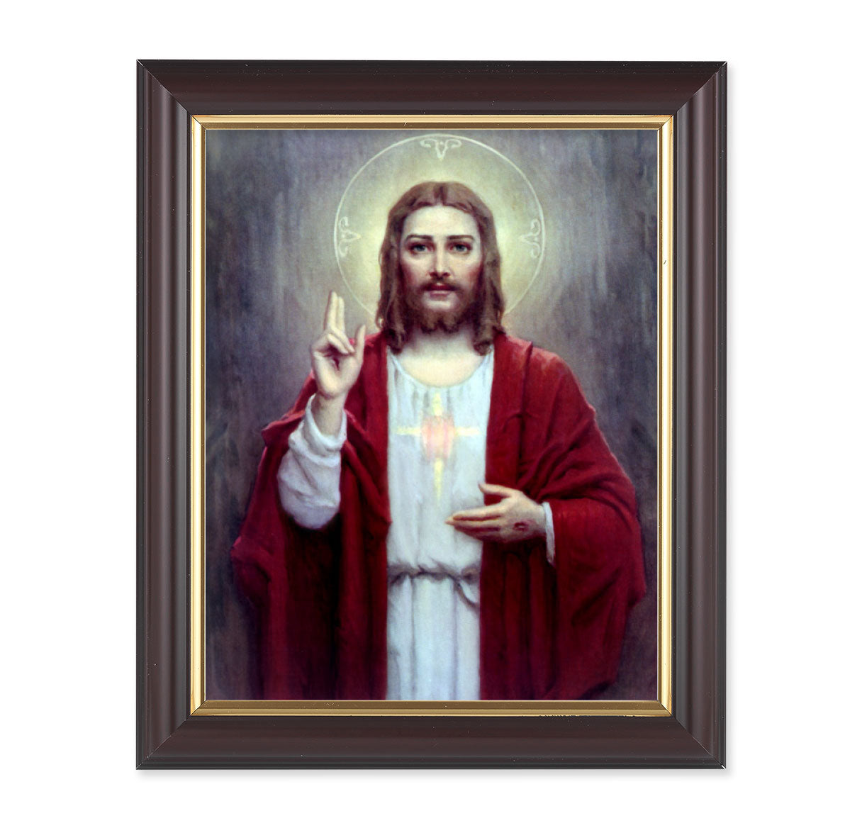 Sacred Heart of Jesus Picture Framed Wall Art Decor, Medium, Classic Fluted Dark Walnut Finished Frame with Gold-Leaf Lip