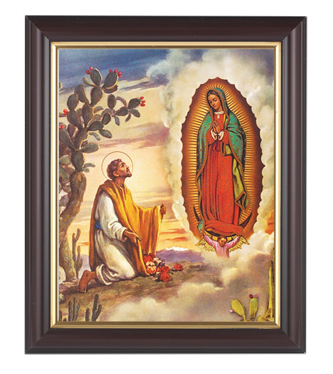 Our Lady of Guadalupe with Juan Diego Picture Framed Wall Art Decor Medium, Classic Fluted Dark Walnut Finished Frame with Gold-Leaf Lip