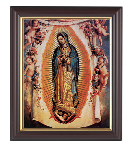 Our Lady of Guadalupe with Angels Picture Framed Wall Art Decor Medium, Classic Fluted Dark Walnut Finished Frame with Gold-Leaf Lip