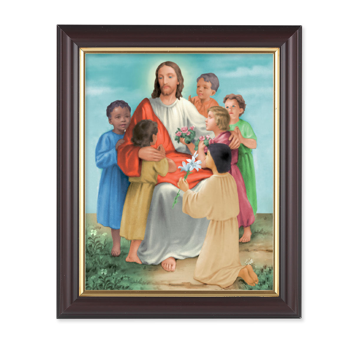 Christ with Children Picture Framed Wall Art Decor Medium, Classic Fluted Dark Walnut Finished Frame with Gold-Leaf Lip