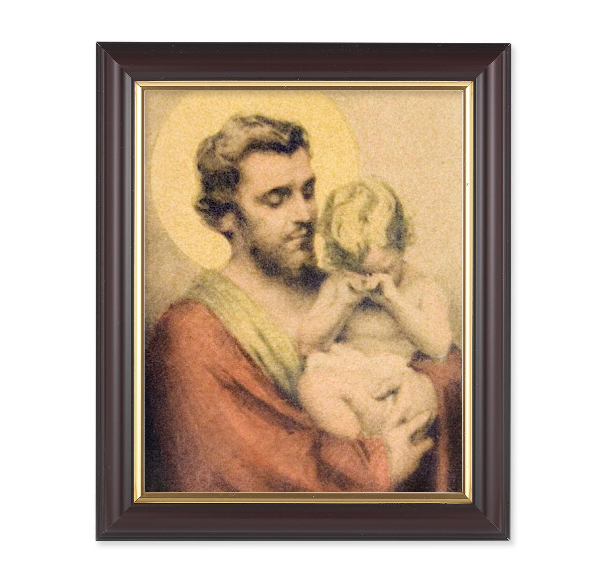 St. Joseph with Crying Jesus Picture Framed Wall Art Decor Medium, Classic Fluted Dark Walnut Finished Frame with Gold-Leaf Lip