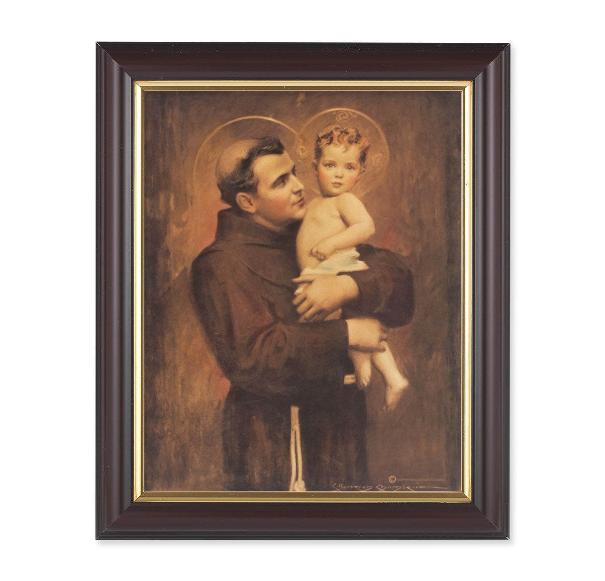 St. Anthony with Jesus Picture Framed Wall Art Decor Medium, Classic Fluted Dark Walnut Finished Frame with Gold-Leaf Lip
