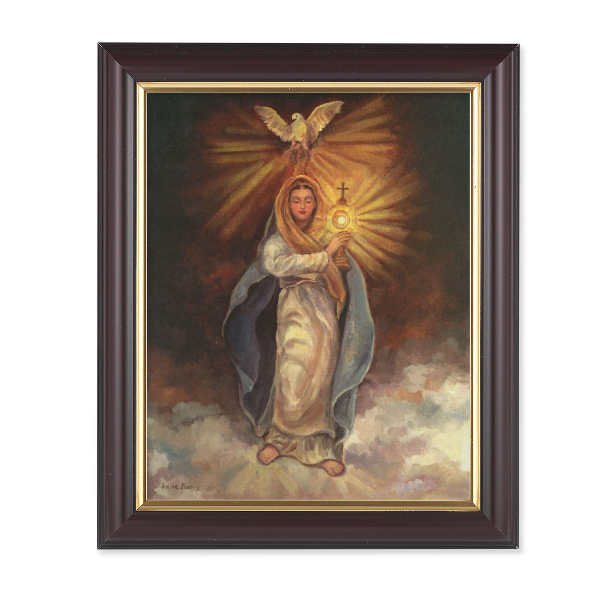 Mary with Monstrance Picture Framed Wall Art Decor Medium, Classic Fluted Dark Walnut Finished Frame with Gold-Leaf Lip