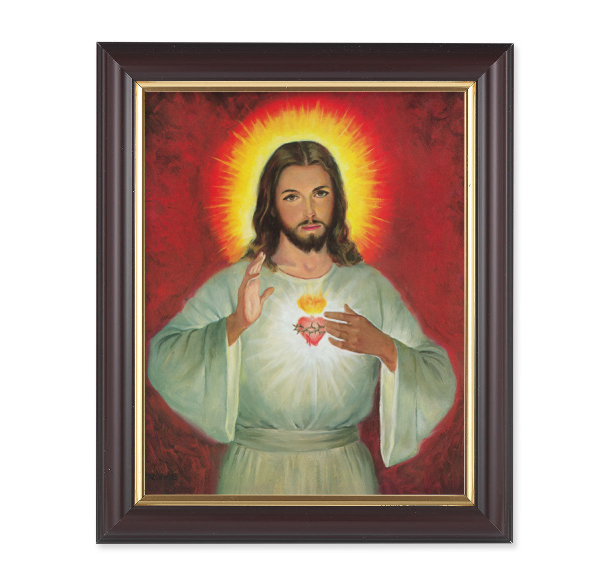 Sacred Heart Picture Framed Wall Art Decor Medium, Classic Fluted Dark Walnut Finished Frame with Gold-Leaf Lip