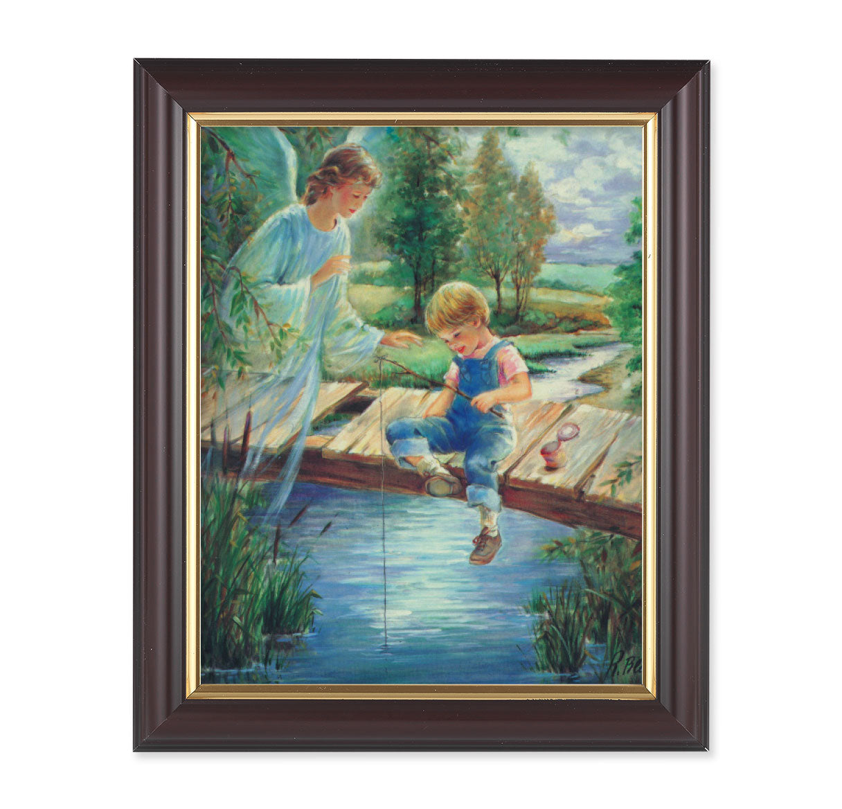 Guardian Angel with Boy Picture Framed Wall Art Decor Medium, Classic Fluted Dark Walnut Finished Frame with Gold-Leaf Lip