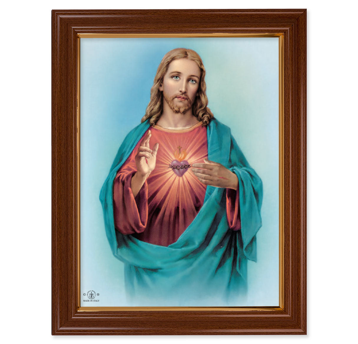 Sacred Heart of Jesus Picture Framed Wall Art Decor, Large, Traditional Dark Walnut Finished Frame with Thin Gold Lip