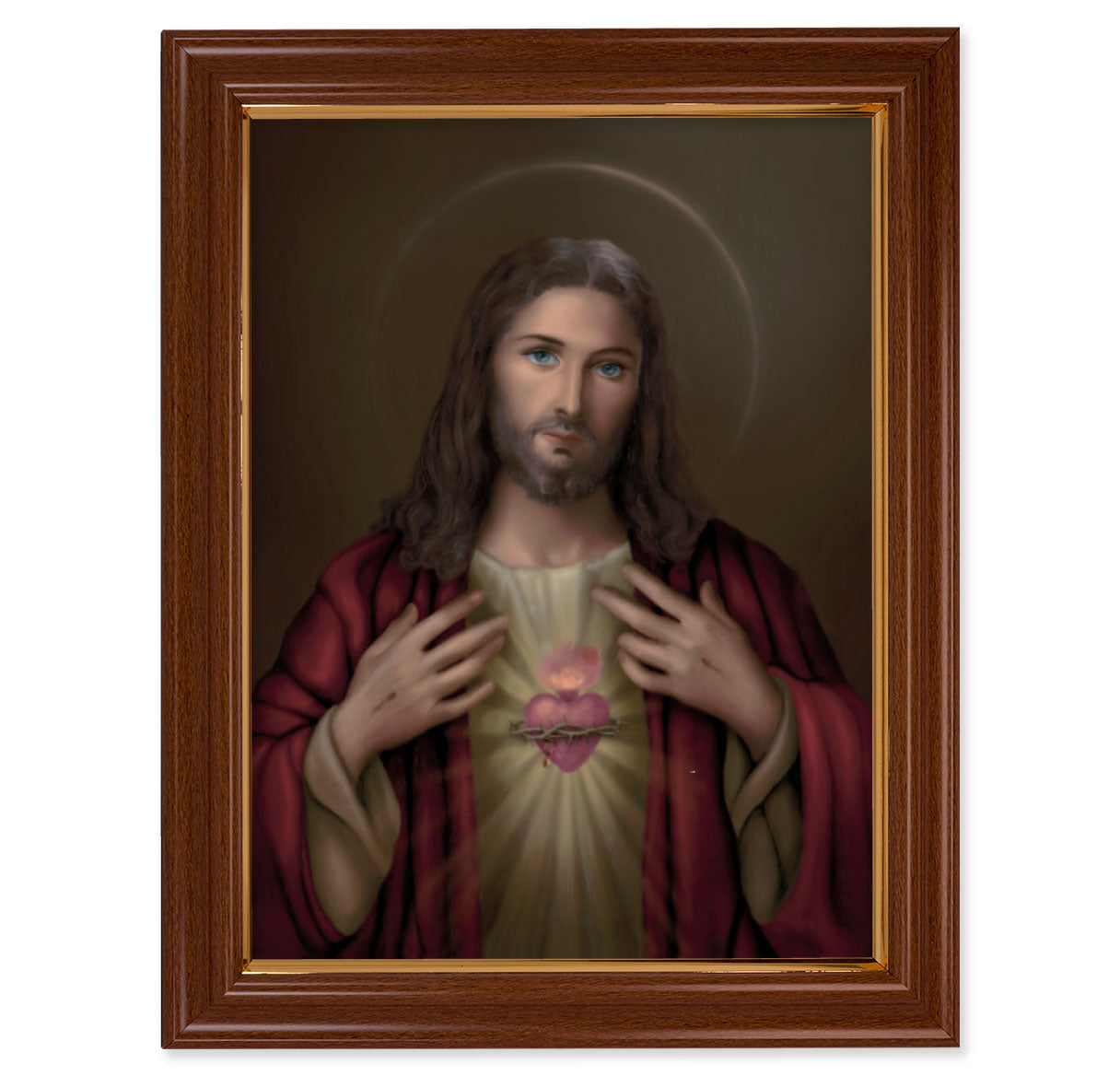 Sacred Heart of Jesus Picture Framed Wall Art Decor Extra Large, Traditional Dark Walnut Finished Frame with Thin Gold Lip