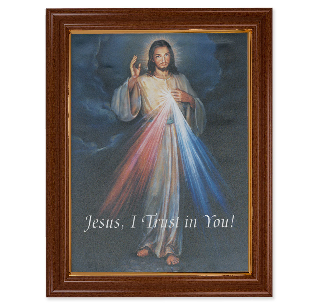 Divine Mercy Picture Framed Canvas Wall Art Decor Large, Traditional Dark Walnut Finished Frame with Thin Gold Lip