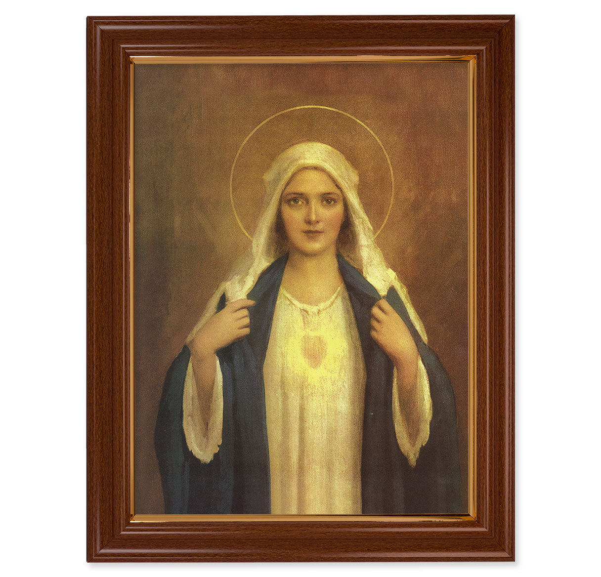 Immaculate Heart of Mary Picture Framed Wall Art Decor, Large, Traditional Dark Walnut Finished Frame with Thin Gold Lip