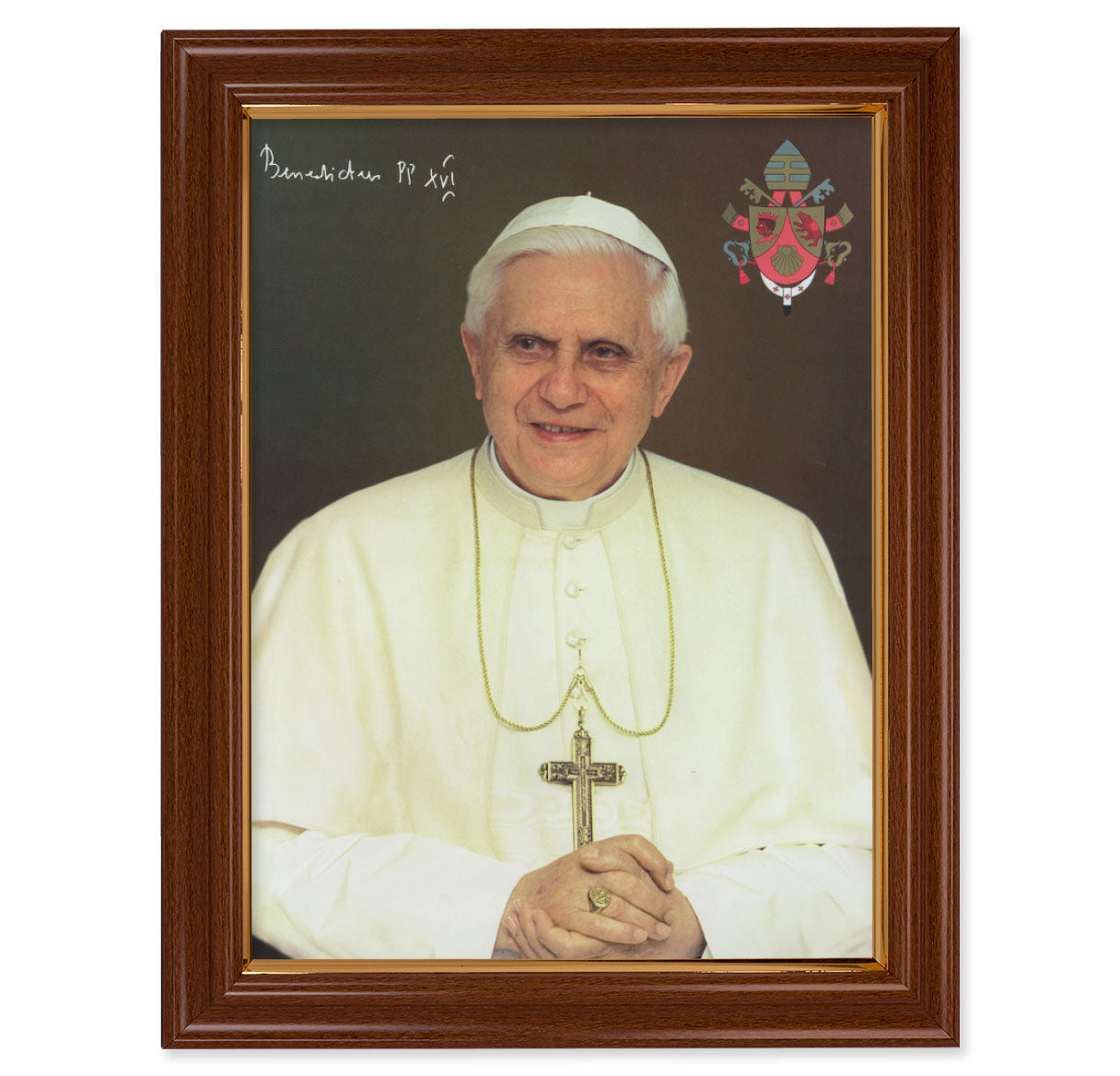 Pope Benedict XVI Picture Framed Wall Art Decor Extra Large, Traditional Dark Walnut Finished Frame with Thin Gold Lip