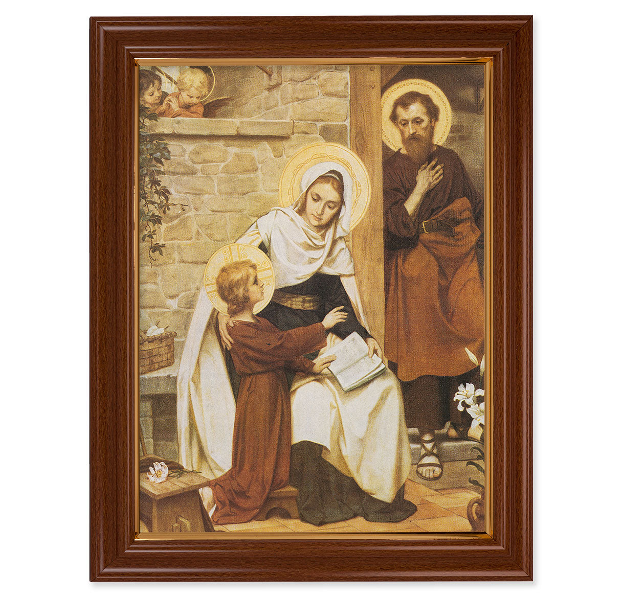 The Holy Family in Nazareth Picture Framed Wall Art Decor Extra Large, Traditional Dark Walnut Finished Frame with Thin Gold Lip