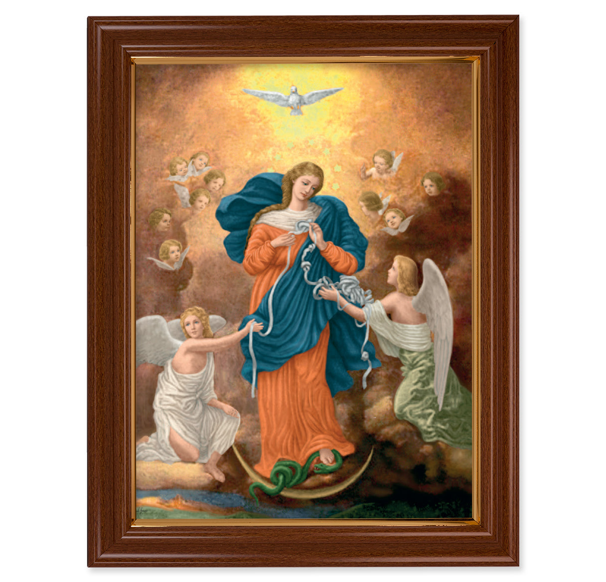 Our Lady Untier of Knots Picture Framed Wall Art Decor Large, Traditional Dark Walnut Finished Frame with Thin Gold Lip