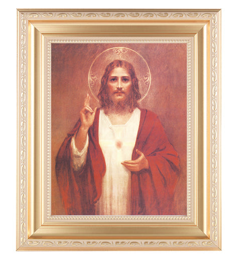 Sacred Heart of Jesus Satin Picture Framed Wall Art Decor, Large, Satin Gold Fluted Frame with Distressed Finish and Fine Detailed Scrollwork