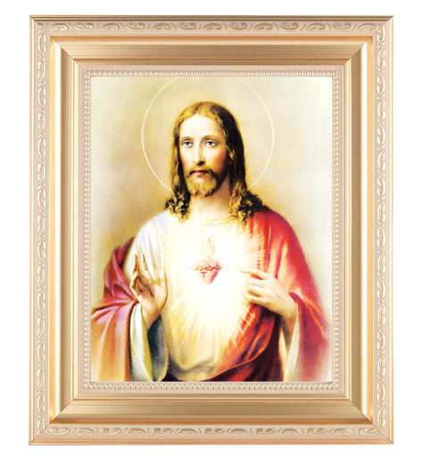 Sacred Heart of Jesus Satin Picture Framed Wall Art Decor, Large, Satin Gold Fluted Frame with Distressed Finish and Fine Detailed Scrollwork