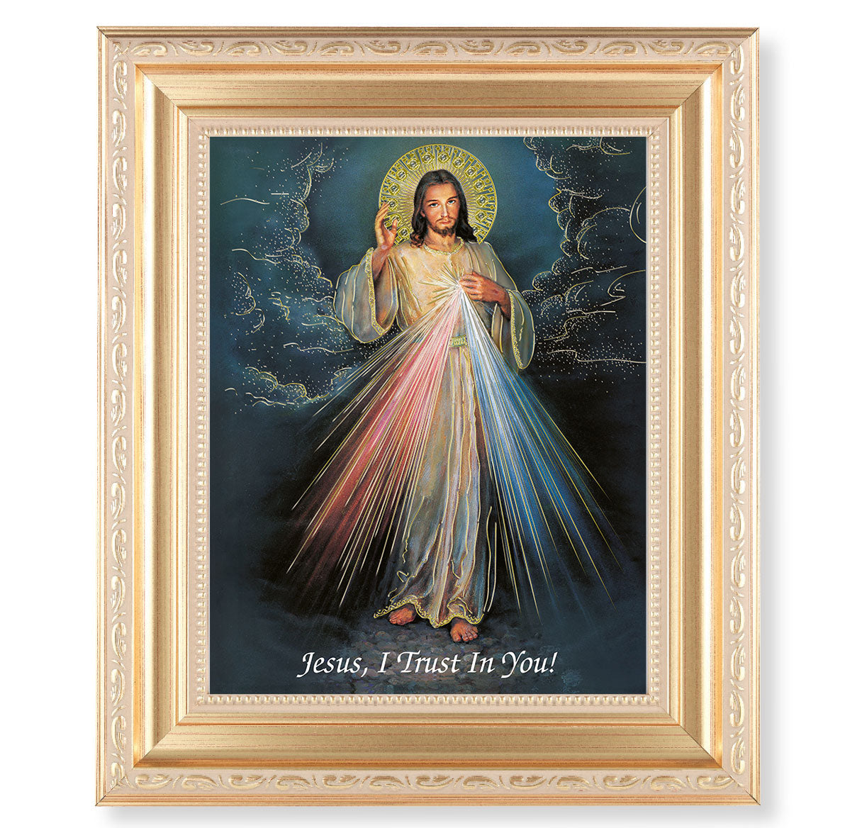 Divine Mercy Picture Framed Wall Art Decor, Large, Satin Gold Fluted Frame with Distressed Finish and Fine Detailed Scrollwork