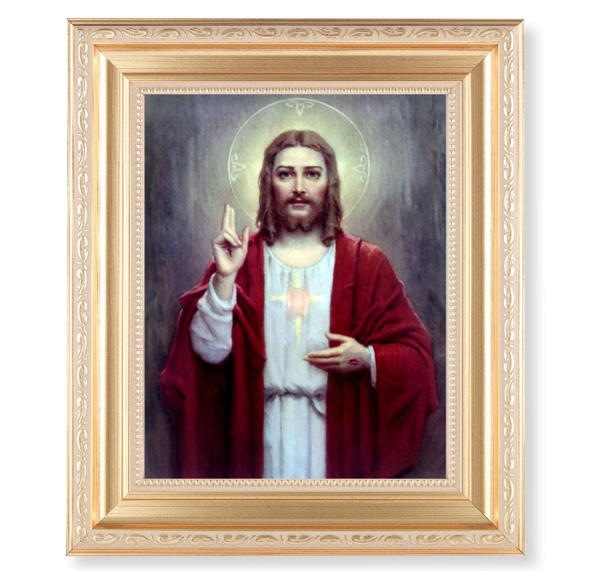 Sacred Heart of Jesus Picture Framed Wall Art Decor, Large, Satin Gold Fluted Frame with Distressed Finish and Fine Detailed Scrollwork