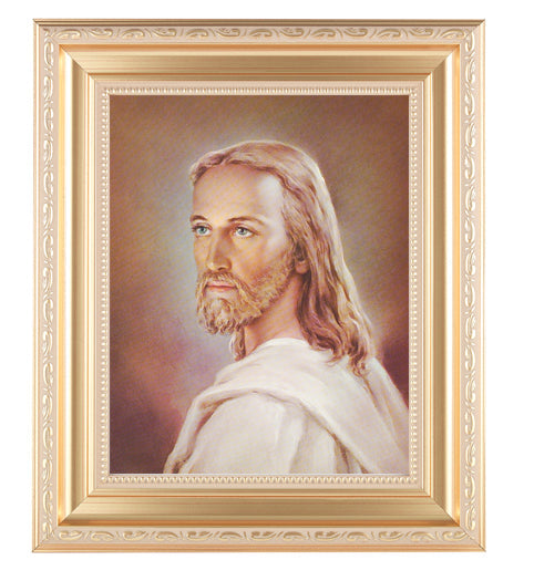 Head of Christ Picture Framed Wall Art Decor, Large, Satin Gold Fluted Frame with Distressed Finish and Fine Detailed Scrollwork