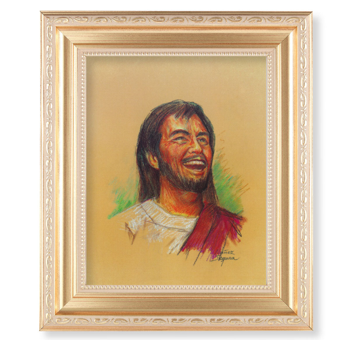 Laughing Jesus Picture Framed Wall Art Decor Large, Satin Gold Fluted Frame with Distressed Finish and Fine Detailed Scrollwork
