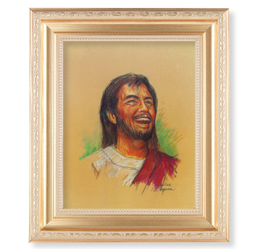 Laughing Jesus Picture Framed Wall Art Decor Large Satin Gold Fluted Frame
