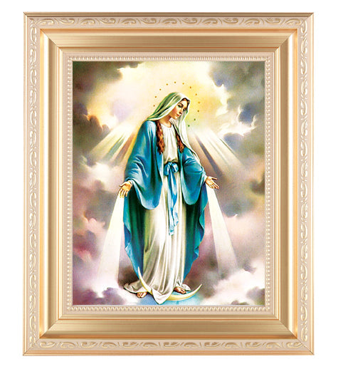 Our Lady of Grace Picture Framed Wall Art Decor, Large, Satin Gold Fluted Frame with Distressed Finish and Fine Detailed Scrollwork