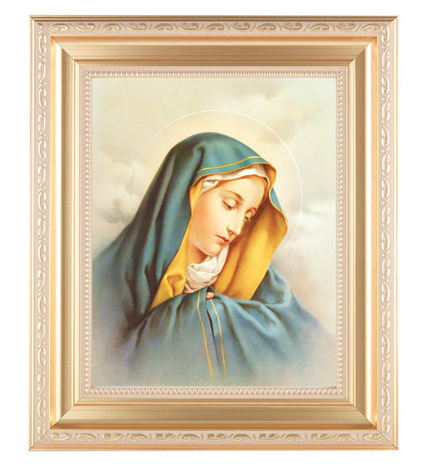 Our Lady of Sorrows Picture Framed Wall Art Decor Large, Satin Gold Fluted Frame with Distressed Finish and Fine Detailed Scrollwork