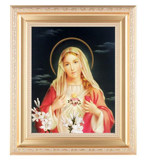 Immaculate Heart of Mary Picture Framed Wall Art Decor, Large, Satin Gold Fluted Frame with Distressed Finish and Fine Detailed Scrollwork