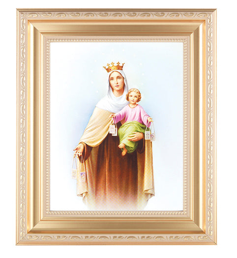 Our Lady of Mount Carmel Picture Framed Wall Art Decor Large, Satin Gold Fluted Frame with Distressed Finish and Fine Detailed Scrollwork
