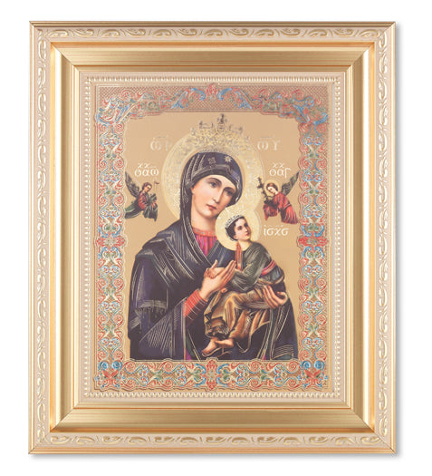 Our Lady of Perpetual Help Picture Framed Wall Art Decor, Large, Satin Gold Fluted Frame with Distressed Finish and Fine Detailed Scrollwork