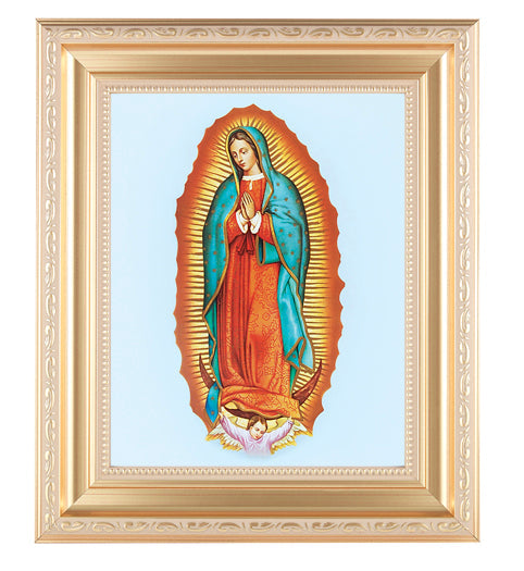 Our Lady of Guadalupe Picture Framed Wall Art Decor, Large, Satin Gold Fluted Frame with Distressed Finish and Fine Detailed Scrollwork