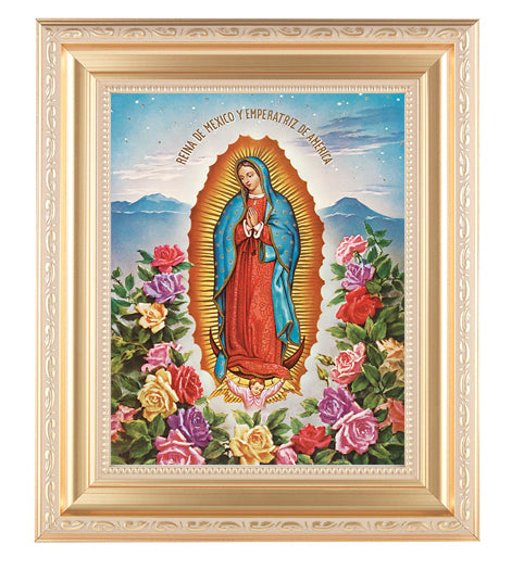 Our Lady of Guadalupe Picture Framed Wall Art Decor, Large, Satin Gold Fluted Frame with Distressed Finish and Fine Detailed Scrollwork