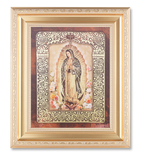 Our Lady of Guadalupe Roses Picture Framed Wall Art Decor Large, Satin Gold Fluted Frame with Distressed Finish and Fine Detailed Scrollwork