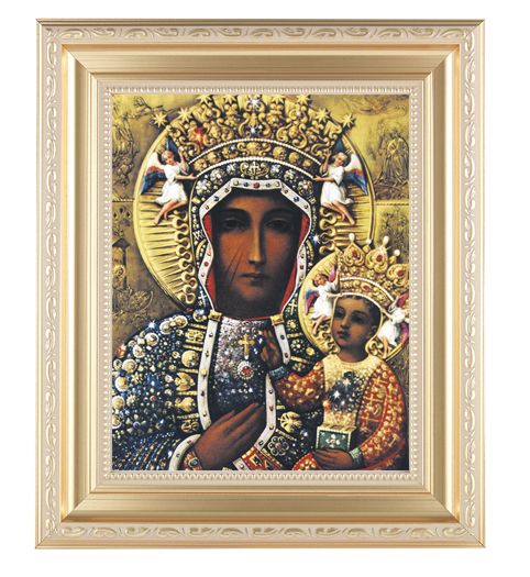 Our Lady of Czestochowa Picture Framed Wall Art Decor Large, Satin Gold Fluted Frame with Distressed Finish and Fine Detailed Scrollwork