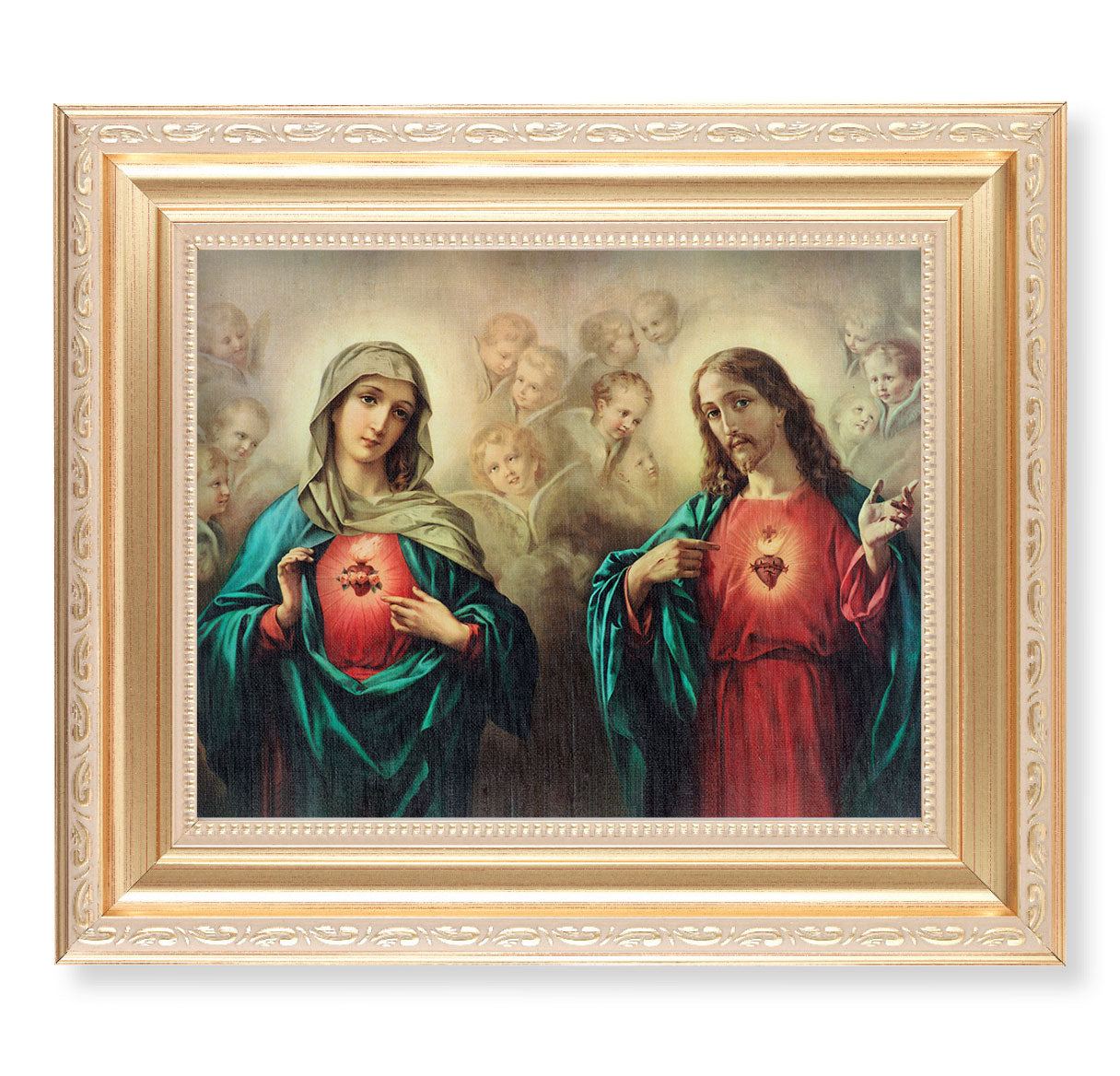 The Sacred Hearts Picture Framed Wall Art Decor, Large, Satin Gold Fluted Frame with Distressed Finish and Fine Detailed Scrollwork