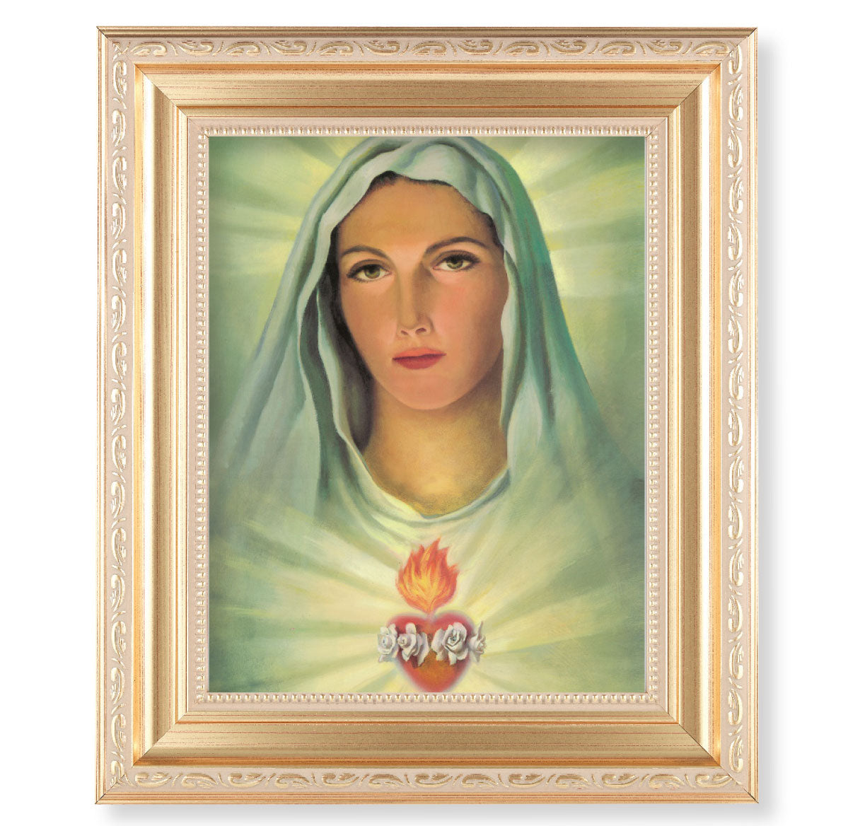 Immaculate Heart of Mary Picture Framed Wall Art Decor, Large, Satin Gold Fluted Frame with Distressed Finish and Fine Detailed Scrollwork