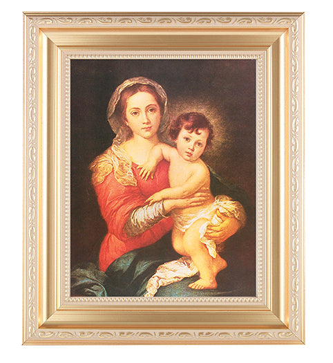 Madonna and Child Picture Framed Wall Art Decor, Large, Satin Gold Fluted Frame with Distressed Finish and Fine Detailed Scrollwork