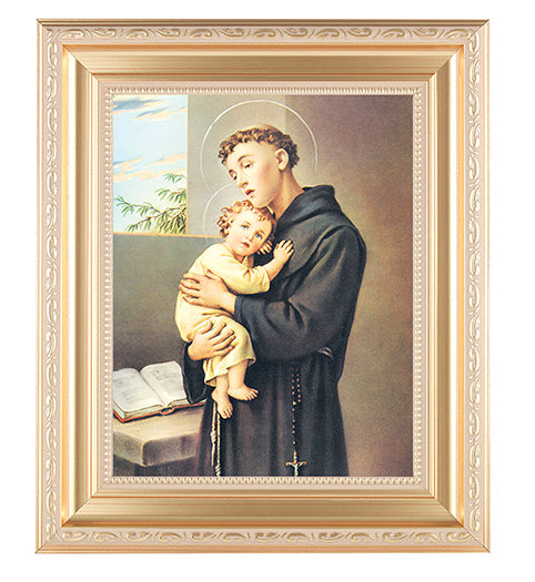 St. Anthony Picture Framed Wall Art Decor Large, Satin Gold Fluted Frame with Distressed Finish and Fine Detailed Scrollwork