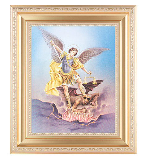 St. Michael Picture Framed Wall Art Decor, Large, Satin Gold Fluted Frame with Distressed Finish and Fine Detailed Scrollwork