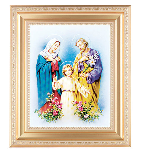 Holy Family Picture Framed Wall Art Decor, Large, Satin Gold Fluted Frame with Distressed Finish and Fine Detailed Scrollwork