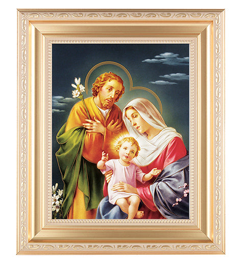 Holy Family Picture Framed Wall Art Decor, Large, Satin Gold Fluted Frame with Distressed Finish and Fine Detailed Scrollwork