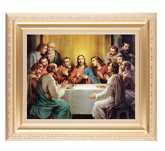 Last Supper Picture Framed Wall Art Decor, Large, Satin Gold Fluted Frame with Distressed Finish and Fine Detailed Scrollwork