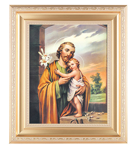 St. Joseph Picture Framed Wall Art Decor Large Satin Gold Fluted Frame