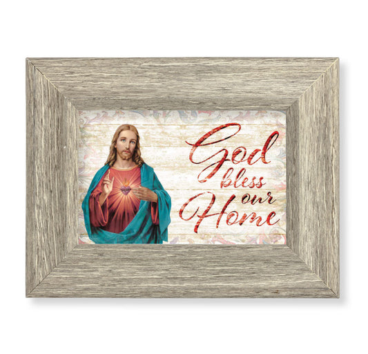 Sacred Heart of Jesus Picture Framed Wall Art Decor Small Curved Gray Weathered Oak Finish Frame