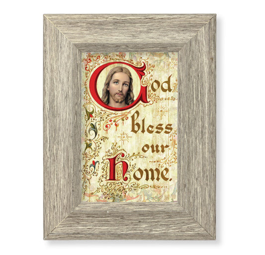 God Bless This Home Picture Framed Wall Art Decor Small Curved Gray Weathered Oak Finish Frame