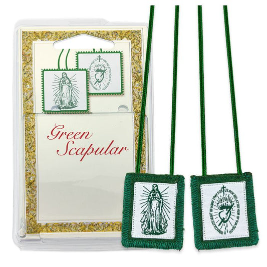 Immaculate Heart of Mary Genuine Wool Green Scapular in Deluxe Packaging. 22"